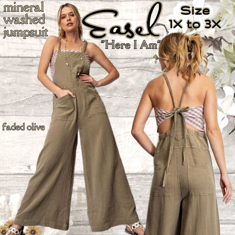 EASEL "Here I Am" Mineral Washed Wide Leg Jumpsuit Adjustable Tie Straps Pockets